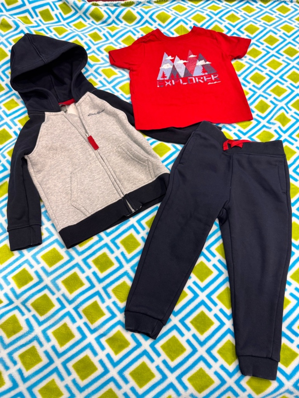 Eddie Bauer Red Tee with Gray & Navy Hoodie Jogger Set